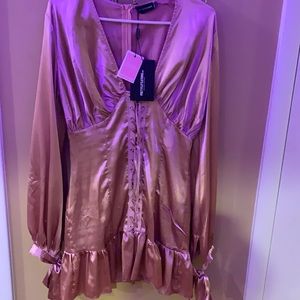 Rose satin lace up long sleeve bodycon dress